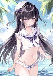  beret bikini black_hair blue_sky blush cloud collarbone day female frilled_bikini frills hair_between_eyes hat highleg highleg_bikini highres long_hair looking_at_viewer mahou_shoujo_ririimea navel outdoors palm_tree purple_eyes sailor_collar school_uniform serafuku short_sleeves sky solo summer swimsuit tree very_long_hair wading water_drop white_bikini white_hat white_sailor_collar white_serafuku ymkrnchan 