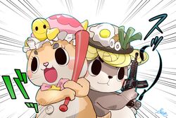  1boy 1other :3 :d animal_ears animal_on_head assault_rifle back-to-back baseball_bat black_eyes blush_stickers bow bowtie brown_fur chiitan commentary egg egg_(food) emphasis_lines fighting_stance food food_on_head fried_egg gun heart holding holding_gun holding_weapon looking_to_the_side m16 m16a2 mascot object_on_head on_head open_mouth otter otter_ears otter_tail pink_bow rifle shinjou-kun short_eyebrows signature simple_background smile sound_effects susaki tail thick_eyebrows thumbs_up translation_request turtle turtle_shell v-shaped_eyebrows weapon white_background x_navel yuru-chara zenki_(zenki1118) 