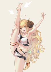  ahoge anila_(granblue_fantasy) anila_(summer)_(granblue_fantasy) armpits arms_up beige_background belly_chain bikini blonde_hair blunt_bangs breasts cleavage draph female flower granblue_fantasy hair_flower hair_ornament hair_ribbon highres horns jewelry large_breasts layered_bikini leg_ribbon long_hair looking_at_viewer navel official_alternate_costume photoshop_(medium) red_ribbon ribbon sheep_horns shimotsuki_eight short_eyebrows skindentation smile solo split standing standing_on_one_leg standing_split swimsuit thigh_ribbon very_long_hair white_bikini yellow_eyes 