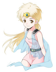  1980s_(style) agahari belt blonde_hair blush breasts brown_eyes cape collarbone commentary_request cowboy_shot dragon_quest dragon_quest_dai_no_daibouken dress female highres leaning_forward light_smile looking_at_viewer looking_to_the_side low_ponytail pink_dress ponytail princess_leona retro_artstyle see-through simple_background sleeveless sleeveless_dress small_breasts solo tiara white_background 