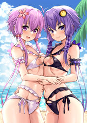  2girls ahoge beach bikini black_bikini blush breasts closed_mouth collarbone cowboy_shot day dual_persona flower hair_between_eyes hair_flower hair_ornament highres multiple_girls navel ocean open_mouth outdoors pink_flower purple_eyes purple_hair short_hair_with_long_locks sidelocks smile swimsuit tenneko_yuuri voiceroid white_bikini yuzuki_yukari yuzuki_yukari_(lin) yuzuki_yukari_(onn) yuzuki_yukari_(vocaloid4) 