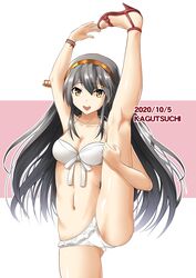  bare_shoulders bikini black_hair blush breasts brown_eyes female flexible hair_ornament hairband hairclip haruna_(2016_swimsuit_mode)_(kancolle) haruna_(kancolle) high_heels highres kagutsuchi_(victoragna) kantai_collection kneepits large_breasts leg_lift leg_up long_hair looking_at_viewer navel open_mouth sandals smile solo split standing standing_on_one_leg standing_split strappy_heels swimsuit toeless_footwear white_bikini 