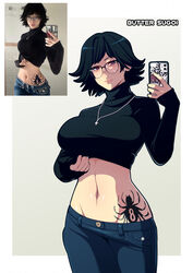  artist_name black_hair breasts butter_sugoi cellphone clothes_lift clothes_pull cowboy_shot cross cross_necklace denim female glasses groin highres hip_tattoo holding holding_phone hunter_x_hunter jeans jewelry large_breasts lips medium_hair midriff navel necklace pants pants_pull phone photo-referenced photo_inset purple_eyes reference_inset shirt_lift shizuku_murasaki smartphone smartphone_case solo spider_tattoo tattoo turtleneck 