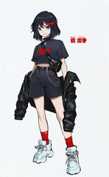  absurdres alternate_costume arms_at_sides bag bare_legs belt black_hair black_jacket black_shirt black_shorts blue_eyes chains commentary eyelashes fanny_pack fashion female full_body grey_background hair_between_eyes highres jacket kill_la_kill leather leather_jacket legs_apart looking_at_viewer matoi_ryuuko midriff multicolored_hair open_clothes open_jacket open_mouth red_hair red_socks satchel shirt shoes short_hair short_sleeves shorts shoulder_bag simple_background smile sneakers socks solo standing streaked_hair streetwear translated two-tone_hair unworn_jacket v-shaped_eyebrows wang-xi white_footwear 