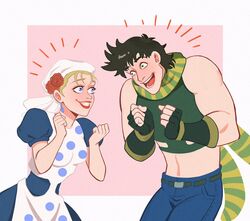  1boy apron bandana battle_tendency black_hair blonde_hair blue_dress blue_eyes crop_top denim derivative_work dress earrings female flower green_eyes green_scarf grin hat hat_flower jeans jewelry jojo_no_kimyou_na_bouken joseph_joestar joseph_joestar_(young) lipstick look-alike makeup midriff multicolored_clothes multicolored_scarf pants parody polka_dot polka_dot_apron puffy_sleeves scarf smile spadelake striped_clothes striped_scarf style_parody suzi_q tangled yellow_scarf 