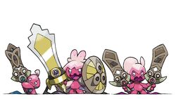  3girls :&lt; aegislash blacknirrow closed_mouth colored_skin commentary doublade dual_wielding english_commentary evolutionary_line highres holding holding_pokemon holding_shield holding_sword holding_weapon honedge looking_at_viewer multiple_girls open_mouth pink_skin pokemon pokemon_(creature) shield simple_background smile standing sword tinkatink tinkaton tinkatuff weapon white_background 