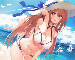  4girls absurdres bare_shoulders beach bikini blue_sky breasts brown_hair cleavage contrail cowboy_shot cropped day dutch_angle five-seven_(cruise_queen)_(girls&#039;_frontline) five-seven_(girls&#039;_frontline) girls&#039;_frontline green_eyes hair_between_eyes halterneck hand_on_headwear hat hat_ribbon highres in_the_face large_breasts long_hair m1_garand_(beach_princess)_(girls&#039;_frontline) m1_garand_(girls&#039;_frontline) multi-strapped_bikini multiple_girls navel ntw-20_(girls&#039;_frontline) ntw-20_(op._blazing_sun)_(girls&#039;_frontline) o-ring o-ring_bikini o-ring_top official_alternate_costume official_art open_mouth outdoors petals photoshop_(medium) ribbon scan sky solo_focus springfield_(girls&#039;_frontline) springfield_(stirring_mermaid)_(girls&#039;_frontline) suisai_(suisao) sun_hat swimsuit 