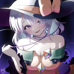  bare_shoulders black_background black_hat bow breasts cleavage commentary_request female gradient_background hat hat_bow highres komeiji_koishi large_breasts looking_at_viewer open_mouth polyhedron2 purple_background short_hair signature smile solo third_eye touhou upper_body white_eyes white_hair yellow_bow 