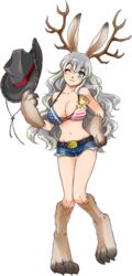  :3 american_flag american_flag_bikini american_flag_print animal_ears animal_feet animal_hands animal_nose antlers bad_source bare_shoulders belt belt_buckle bikini black_hat blue_eyes breasts buckle cowboy_hat denim denim_shorts female flag_print full_body grey_hair hair_between_eyes hat holding holding_clothes holding_hat horns jackalope_girl kalolo_(monster_musume) large_breasts long_hair midriff monster_girl monster_musume_no_iru_nichijou monster_musume_no_iru_nichijou_online navel no_shirt official_art one_eye_closed print_bikini rabbit_ears short_shorts shorts smile solo star_(symbol) swimsuit transparent_background unworn_hat unworn_headwear very_long_hair 