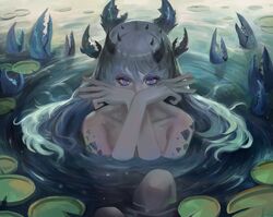  black_horns blue_eyes cancer_(zodiac) collarbone commentary covered_mouth english_commentary female grey_hair hair_between_eyes hands_up highres horns lily_pad long_hair looking_at_viewer multiple_horns nude original partially_submerged photoshop_(medium) pincers ripples scales seuyan solo straight-on water zodiac 