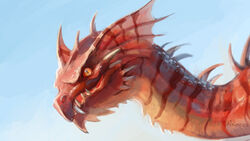  16:9 2022 akineza ambiguous_gender day detailed_background digital_media_(artwork) dragon fangs headshot_portrait long_neck looking_at_viewer mythological_creature mythological_scalie mythology orange_eyes outside portrait pupils red_body red_scales scales scalie sharp_teeth signature sky slit_pupils solo spines teeth widescreen 