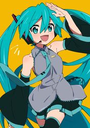  :d aqua_eyes aqua_hair aqua_necktie bad_id bad_twitter_id bare_shoulders belt black_skirt black_sleeves black_thighhighs commentary cowboy_shot detached_sleeves female grey_shirt hair_ornament hand_up hatsune_miku headphones headset highres light_blush long_hair looking_at_viewer miniskirt necktie open_mouth orange_background salute satou_asuka shirt skirt sleeveless sleeveless_shirt smile solo thighhighs twintails very_long_hair vocaloid zettai_ryouiki 