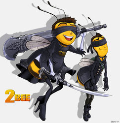  2b_(nier:automata) 2b_(nier:automata)_(cosplay) 2boys 9s_(nier:automata) 9s_(nier:automata)_(cosplay) absurdres adam_flayman antennae bad_id bad_tumblr_id barry_b._benson bee bee_movie bee_wings black_blindfold black_coat black_dress black_gloves black_pantyhose black_shorts blindfold boots brown_hair bug buttons coat colored_skin commentary cosplay covered_eyes double-breasted dress dual_wielding english_commentary full_body gloves highres holding holding_sword holding_weapon juliet_sleeves katana long_sleeves multiple_boys nier:automata nier_(series) open_mouth pantyhose puffy_sleeves pun shadman shadow short_hair shorts signature simple_background smile sword teeth thigh_boots upper_teeth_only weapon white_background white_gloves wings yellow_skin 