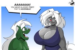  :d anthro big_breasts blue_clothing blue_eyes blue_shirt blue_topwear breasts chris_t._snuggleskunk chrisandcompany clothing dialogue duo english_text eyewear female fur glasses green_body green_eyes green_fur grey_body grey_fur hair hi_res kelsey_sienna male male/female mammal mephitid moobs narrowed_eyes romantic romantic_couple shirt skunk smile speech_bubble tank_top text topwear white_hair 