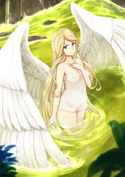  angel_wings bath bathing blackma_(pagus0012) blonde_hair collarbone feathered_wings female fire_emblem fire_emblem:_radiant_dawn fire_emblem_heroes green_eyes hand_on_own_chest highres leanne_(fire_emblem) long_hair naked_towel onsen rock smile solo towel wading water white_wings wings 