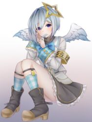  absurdres amane_kanata amane_kanata_(1st_costume) angel angel_wings armband asymmetrical_bangs asymmetrical_hair bad_id bad_pixiv_id blue_hair blush bob_cut boots colored_inner_hair commentary feathered_wings feathers female full_body grey_hair hair_between_eyes hair_ornament hair_over_one_eye halo highres hololive looking_at_viewer multicolored_hair poe_(528yuzunon) purple_eyes ribbon school_uniform short_hair simple_background single_hair_intake sitting solo star_halo virtual_youtuber wings 