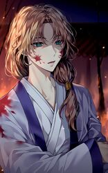  1boy akatsuki_no_yona bad_id bad_twitter_id blood blood_on_clothes blood_on_face brown_hair fire green_eyes ha_youn haori highres japanese_clothes kimono long_hair long_sleeves looking_away low_ponytail male_focus open_clothes open_mouth parted_bangs solo soo-won_(akatsuki_no_yona) upper_body white_kimono 