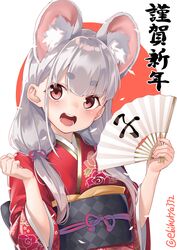  2020 absurdres animal_ear_fluff animal_ears blush chinese_zodiac commentary_request ebifurya extra_ears fantia_reward female floral_print folding_fan grey_hair hand_fan hand_fan_writing highres holding holding_fan japanese_clothes kimono long_hair looking_at_viewer mouse_ears mouse_girl new_year obi open_mouth original paid_reward paper_fan partial_commentary red_eyes sash simple_background smile solo tail upper_body wide_sleeves year_of_the_rat 