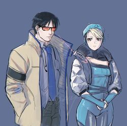  1boy apex_legends arrow_(symbol) bailian beige_jacket beret black_eyes black_hair blonde_hair blue_gloves blue_necktie blue_shirt breasts collared_shirt cosplay crypto_(apex_legends) crypto_(apex_legends)_(cosplay) female fullmetal_alchemist gloves grey_jacket hair_behind_ear hand_in_pocket hat haute_drop_wattson highres inconspicuous_crypto jacket looking_down necktie own_hands_together riza_hawkeye roy_mustang shirt small_breasts sunglasses wattson_(apex_legends) wattson_(apex_legends)_(cosplay) 