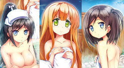  3: 3girls azuki_azusa black_hair blonde_hair blue_eyes blush breast_hold breasts cherry_blossoms cleavage collarbone commentary_request covering_privates green_eyes hentai_ouji_to_warawanai_neko. kashi large_breasts long_hair multiple_girls night nude_cover one_side_up onsen ponytail same-sex_bathing shared_bathing sky small_breasts topless towel tsutsukakushi_tsukiko tsutsukakushi_tsukushi very_long_hair 