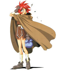  1990s_(style) cloak earrings female full_body gloves hand_on_own_head highres holding holding_sack jewelry non-web_source official_art parfait_(lamune) photoshop_(medium) red_eyes red_hair retro_artstyle sack short_hair simple_background solo vs_knight_lamune_&amp;_40_fresh white_background 