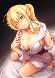  ahoge bed_sheet blonde_hair blush braid breasts cleavage collarbone come_hither commentary_request eiyuu_chronicle female hair_between_eyes hand_up haribote_(desk_of_coulomb) large_breasts leaning_forward long_hair looking_at_viewer one_eye_closed parted_lips ponytail robe sidelocks sitting smile solo very_long_hair yellow_eyes yokozuwari 