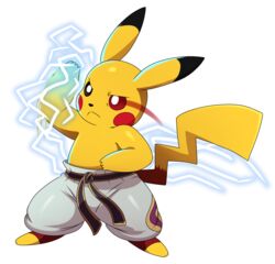  :&lt; black_eyes blush_stickers clothed_pokemon cosplay electric_wind_god_fist electricity eric_lowery full_body gameplay_mechanics heterochromia highres male_focus mishima_kazuya mishima_kazuya_(cosplay) no_humans pants pikachu pokemon pokemon_(creature) pokken_tournament red_eyes simple_background solo tekken topless_male trait_connection uppercut 