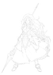  armor armored_dress commentary_request dokidoki!_precure female gauntlets greaves greyscale highres kazuma_muramasa line_art long_hair looking_up marie_ange monochrome parted_lips polearm precure simple_background solo spear very_long_hair weapon white_background 