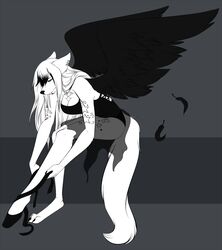  anthro avoid_posting ballerina ballet black_nose black_wings blue_eyes breasts canid canine clothed clothing ear_piercing feathered_wings feathers feet female fur hair looking_down mammal myloveless piercing sitting solo tattoo vindictiivespet white_body white_fur white_hair wings 