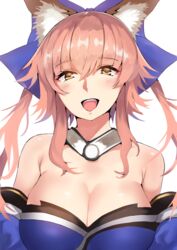  :d animal_ears artist_name bad_id bad_pixiv_id bare_shoulders blue_bow blush bow breasts cleavage commentary_request detached_sleeves fate/extra fate/grand_order fate_(series) female fox_ears fox_girl hair_between_eyes hair_ornament hair_ribbon hairbow large_breasts long_hair looking_at_viewer moruchi_(rinaka_moruchi) nd open_mouth pink_hair ribbon sidelocks signature simple_background smile solo tamamo_(fate) tamamo_no_mae_(fate/extra) twintails white_background yellow_eyes 