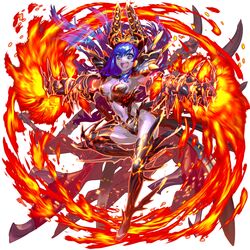  blue_eyes blue_hair blue_skin breasts claws colored_skin female fire floating_hair full_body horns long_hair medium_breasts navel official_art open_mouth othellonia outstretched_arms photoshop_(medium) simple_background solo spread_arms white_background 