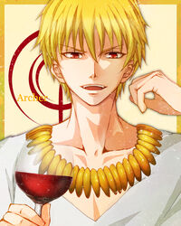  1boy alcohol blonde_hair command_spell commentary_request cup drinking_glass fate/zero fate_(series) gilgamesh_(fate) jewelry leopon male_focus necklace official_alternate_costume red_eyes short_hair solo wine wine_glass 