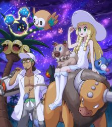  1boy alolan_exeggutor animal bag baseball_cap bird blonde_hair bow bowtie braid commentary_request cosmog dog_on_lap dress duffel_bag feathers female green_bow green_bowtie green_eyes hand_on_headwear hat kukui_(pokemon) lab_coat lillie_(pokemon) litten long_hair minior minior_(core) minior_(red_core) on_lap open_clothes open_mouth owl poke_ball_theme pokemoa pokemon pokemon_(creature) pokemon_on_lap pokemon_sm popplio riding riding_pokemon rockruff rowlet sitting sky sleeveless sleeveless_dress star_(sky) starry_sky starter_pokemon_trio sun_hat sunglasses tauros twin_braids white_dress white_feathers white_hat 