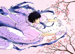  1boy black_hair branch broken_necklace cherry_blossoms closed_eyes commentary_request floating gloves japanese_clothes jewelry jrkain kimono male_focus necklace outstretched_arms pearl_necklace petals pink_background short_hair solo sumeragi_subaru tokyo_babylon white_gloves wide_sleeves 