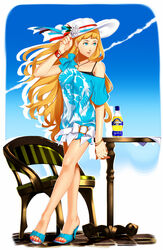  bad_id bad_pixiv_id belt blonde_hair blue_eyes bracelet chair dress drink earrings female flower hair_flower hair_ornament hat hat_flower high_heels highres jewelry legs long_hair mole nail_polish orange_blossoms orangina personification ribbon sandals shoes smile solo table tamaki_(marginal) toenail_polish toenails toes very_long_hair watch wristwatch 