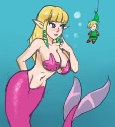  alternate_species animal_humanoid asterozoan bait big_breasts blonde_hair blue_background blue_eyes blush breasts digital_media_(artwork) duo echinoderm female fish fish_humanoid hair humanoid humanoid_pointy_ears hylian john_joseco link male marine marine_humanoid merfolk mermaidification nintendo princess_zelda simple_background skyward_sword solo split_form starfish starfish_(accessory) starfish_bra tail the_legend_of_zelda underwater water wide_hips 