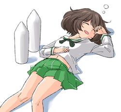  abekawa akiyama_yukari ammunition brown_eyes brown_hair commentary_request female girls_und_panzer green_skirt lying ooarai_school_uniform pleated_skirt school_uniform serafuku short_hair skirt solo suppository tank_shell uniform 