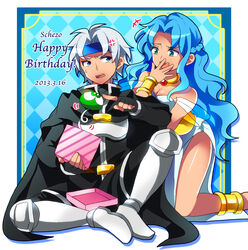  1boy anger_vein angry anklet aqua_background argyle_background armor bare_legs blue_eyes blue_hair blue_headband boots bracelet choker commentary_request dated dress female fingerless_gloves full_body gift gloves greaves green_eyes half_updo happy_birthday headband hitopm jewelry knee_boots kneeling long_hair madou_monogatari puyo_(puyopuyo) puyopuyo rulue_(puyopuyo) schezo_wegey sitting smile white_hair 