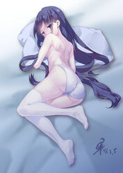  artist_name ass bad_id bad_pixiv_id bed_sheet black_hair breasts commentary_request covered_mouth dated female full_body long_hair looking_at_viewer looking_back luzia lying no_shoes on_bed on_side original panties pillow purple_eyes shoulder_blades signature small_breasts solo swept_bangs thighhighs thighs topless underwear very_long_hair white_panties white_thighhighs 