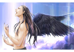  long_hair male momopanda oerba_yun_fang original rain red_eyes sky wings 