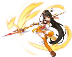  absurdres ara_haan black_hair brown_eyes elsword female fire full_body hair_ornament hair_ribbon high_ponytail highres holding holding_weapon leg_up little_xia_(elsword) long_hair official_art open_mouth polearm polearm_behind_back ribbon sando_(dukedevil) solo thighhighs transparent_background weapon white_ribbon white_thighhighs 