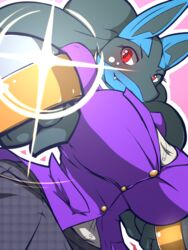  2015 3:4 anthro big_breasts blue_body blue_fur blush breasts canid canine clothed clothing day-t eyelashes female fist fur generation_4_pokemon glistening looking_at_viewer lucario mammal nintendo pink_background pokemon pokemon_(species) raised_arm raised_fist red_eyes shadow sharp_teeth simple_background smile solo spikes teeth 