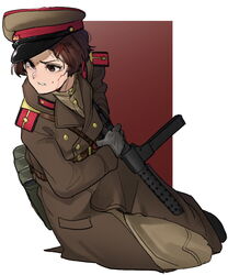  ammunition_pouch bad_id bad_pixiv_id belt black_hat blood blood_on_face brown_belt brown_coat brown_eyes brown_hair brown_hat brown_pants buttons coat collar_tabs commentary female from_above gloves gun gymnastiorka hair_ornament hairclip hammer_and_sickle hat holding holding_gun holding_weapon long_sleeves looking_to_the_side magazine_(weapon) metro_(jbcman0198) military military_coat military_hat military_uniform mp28 multicolored_clothes multicolored_hat original overcoat pants parted_lips peaked_cap photoshop_(medium) pouch red_background red_hat red_star sam_browne_belt short_hair shoulder_boards solo soviet soviet_army star_(symbol) star_hair_ornament submachine_gun uniform weapon white_background world_war_ii 