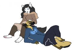  anthro barefoot canid canine canis clothed clothing cuddling digital_media_(artwork) domestic_dog duo feet female german_shepherd hand_on_head happy herding_dog jazmine_wolfe male male/female mammal pastoral_dog paws resting shapeshifterprincess shirt_logo smile 