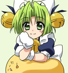  animal_hands animal_hat apron bell blush_stickers cat_hat commentary_request dejiko di_gi_charat female gema gloves green_eyes green_hair hair_bell hair_ornament hat head_rest jingle_bell looking_at_viewer maid_apron paw_gloves short_hair smile tatsuko_(tttk_64) 