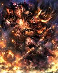  1boy armor battle breastplate chains commentary demon fire glowing glowing_eyes horns katana metal_ball nioh onryoki photoshop_(medium) shoulder_pads sword tako_(pixiv8535) weapon white_hair william_(nioh) 