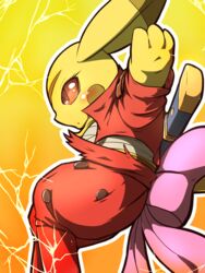  2015 3:4 anthro anthrofied bandage blush clothed clothing cracks day-t eyelashes female fur generation_1_pokemon knife mammal ninja nintendo pikachu pokemon pokemon_(species) pokemorph red_eyes ribbons rodent scar shadow simple_background solo warrior yellow_background yellow_body yellow_fur 