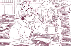  ! !! 1boy ascot bad_id bad_pixiv_id blurry blush book book_stack bookshelf cup depth_of_field face-to-face female glasses grabbing_another&#039;s_chin hand_on_another&#039;s_chin hange_zoe holding holding_book imminent_kiss levi_(shingeki_no_kyojin) monochrome mug noah_(livas) photoshop_(medium) shingeki_no_kyojin sweatdrop too_many too_many_books 