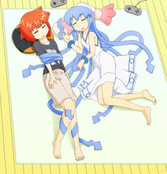  2girls aizawa_eiko barefoot blue_eyes blue_hair closed_eyes commentary_request controller dress game_controller gamepad highres ikamusume long_hair long_legs lying multiple_girls on_back on_side pale_eye pillow red_eyes red_hair sat-c shinryaku!_ikamusume shorts shrimp sleeping tentacle_hair 