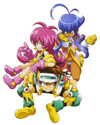  1990s_(style) 1boy 2girls antenna_hair aqua_eyes baba_lemonade blue_hair boots brown_hair cacao_(lamune) dark_skin earrings gloves grin hands_up highres jewelry kneehighs kotobuki_tsukasa long_hair looking_at_viewer multiple_girls navel official_art open_mouth parfait_(lamune) photoshop_(medium) purple_eyes red_eyes retro_artstyle sidelocks simple_background smile socks v vs_knight_lamune_&amp;_40_fire white_background 